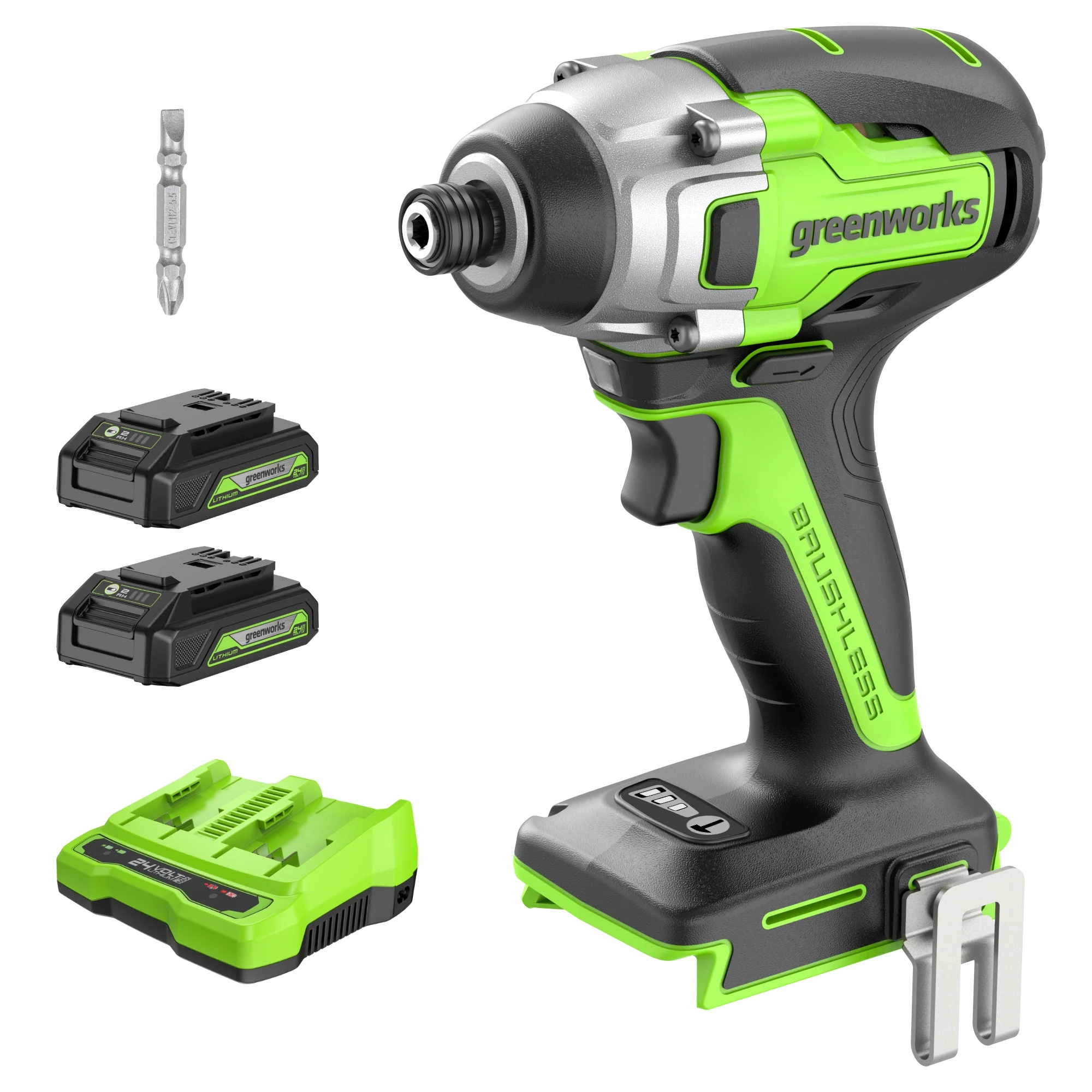 24V 1/4 2650 in/lbs Brushless Impact Driver Kit w/ (2) 2.0Ah USB Batteries, Dual Port Charger and Bits