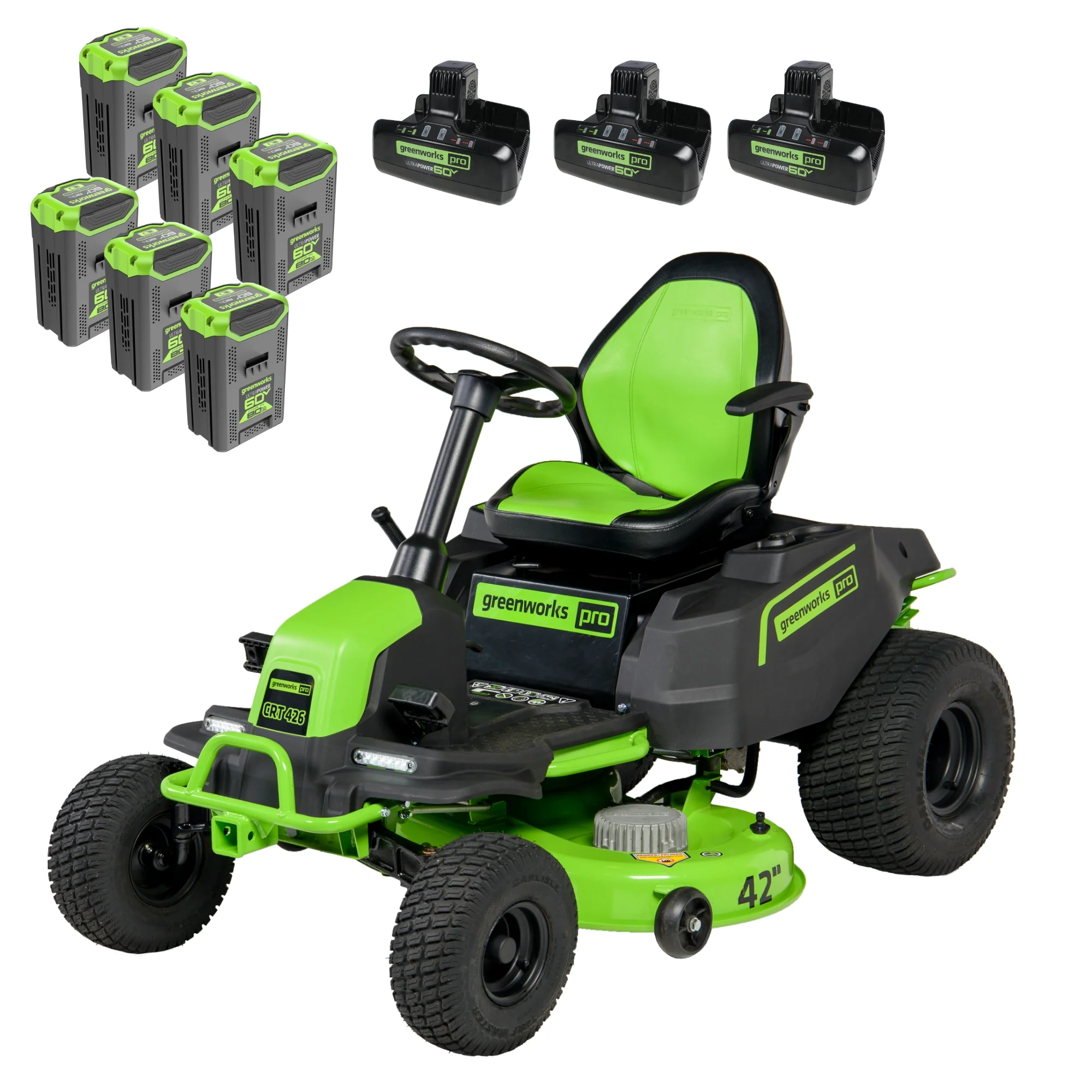60V 42 Cordless Battery CrossoverT Riding Lawn Mower w/ Six (6) 8.0Ah Batteries and Three (3) Dual Port Turbo Chargers