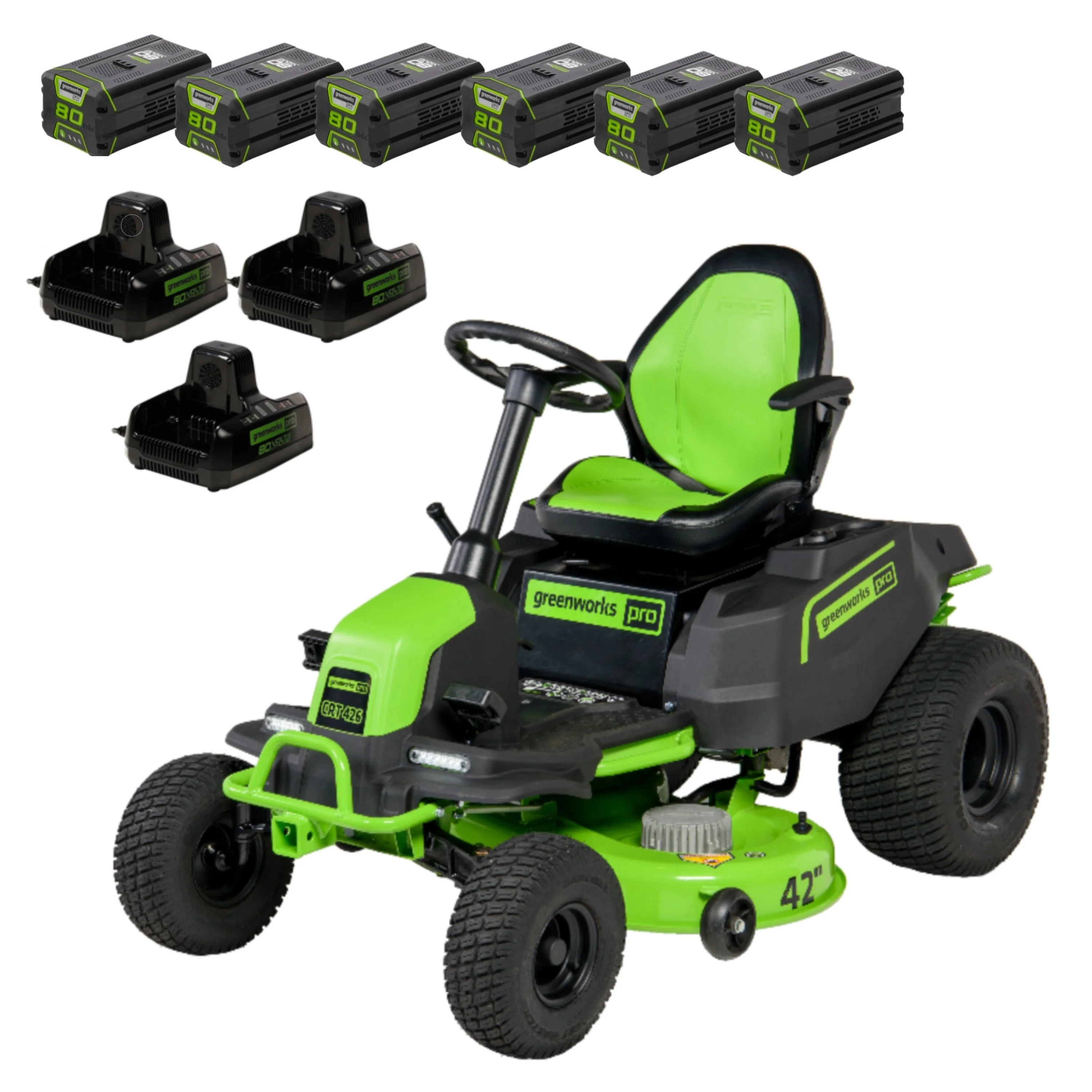 80V 42 Cordless Battery CrossoverT Riding Lawn Mower w/ Six (6) 5.0Ah Batteries and Three (3) Dual Port Turbo Chargers
