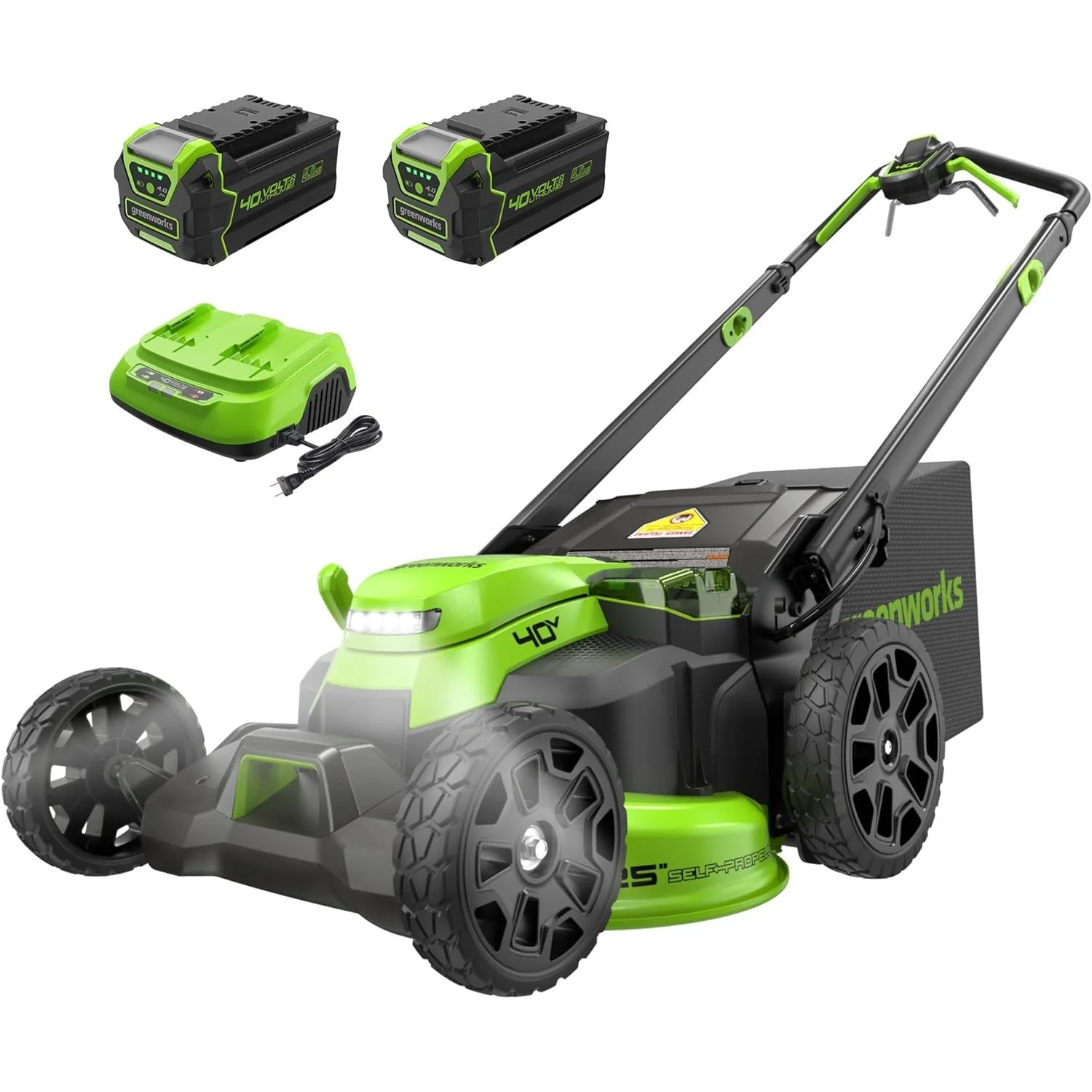 40V 25 Cordless Battery Brushless Dual Blade Self-Propelled Lawn Mower w/ (2) 4.0Ah Batteries & Dual Port Charger