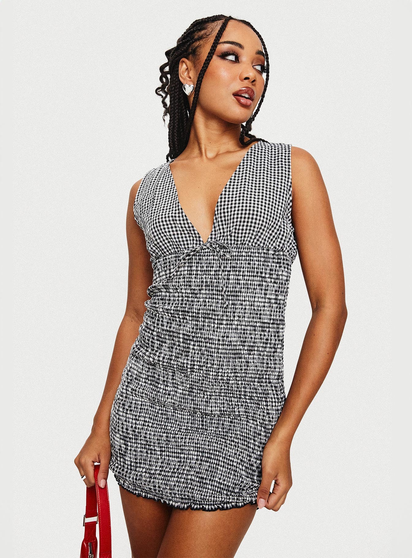 Solving Shirred Mini Dress Black Gingham