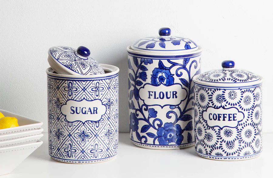 Delftware Inspired Kitchen Canisters, Set of 3