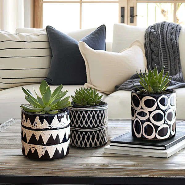 Navy Blue Patterned Ceramic Planters, Set of 3