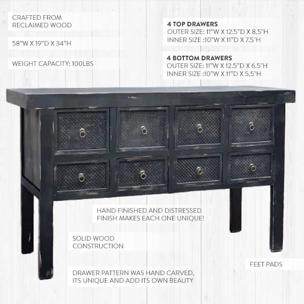 Hand Carved Black Reclaimed Wooden Console Table