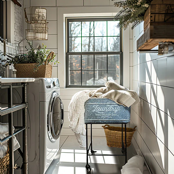 Galvanized Metal Laundry Rolling Cart