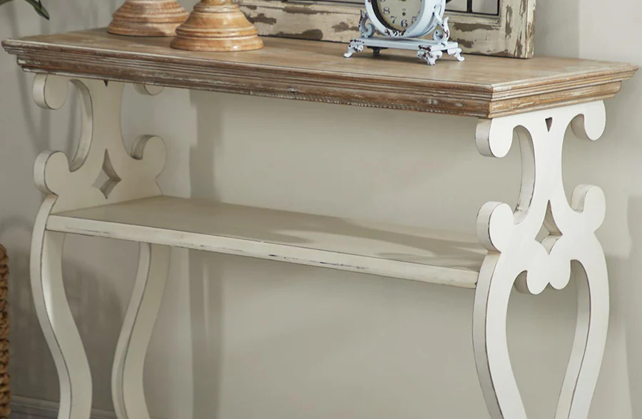 Wooden Scroll Console Table with Shelves