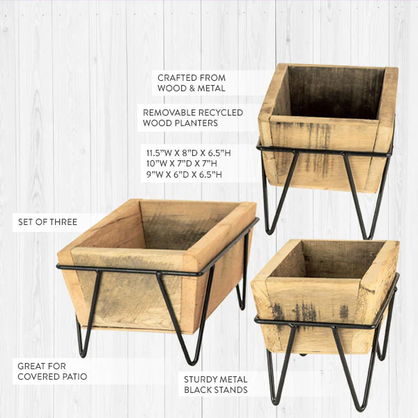 Recycled Wood Planters on Iron Bases, Set of 3