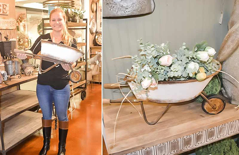 Antiqued White Metal Wheel Barrow