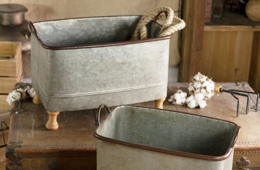 Galvanized Metal Tubs with Wooden Feet, Set of 2