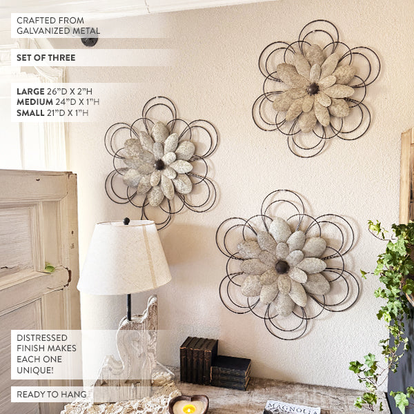Floral Galvanized Metal Wall Art, Set of Three