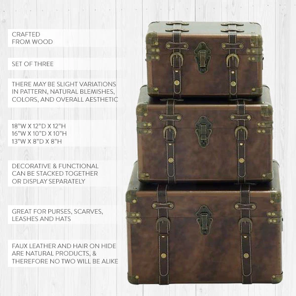 Brown Leather Traditional Trunks, Set of 3