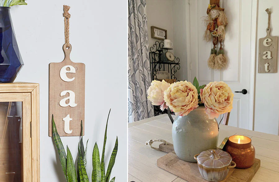 Wooden Cutting Board Eat Sign with Rope Handle