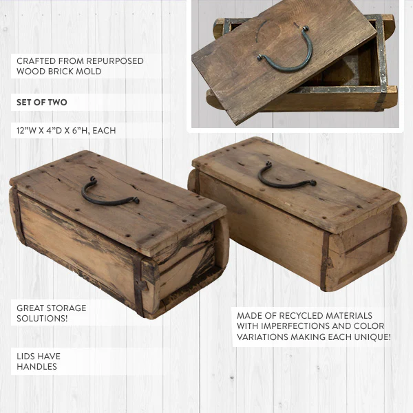 Repurposed Antique Wooden Brick Mold with Lid, Set of 2