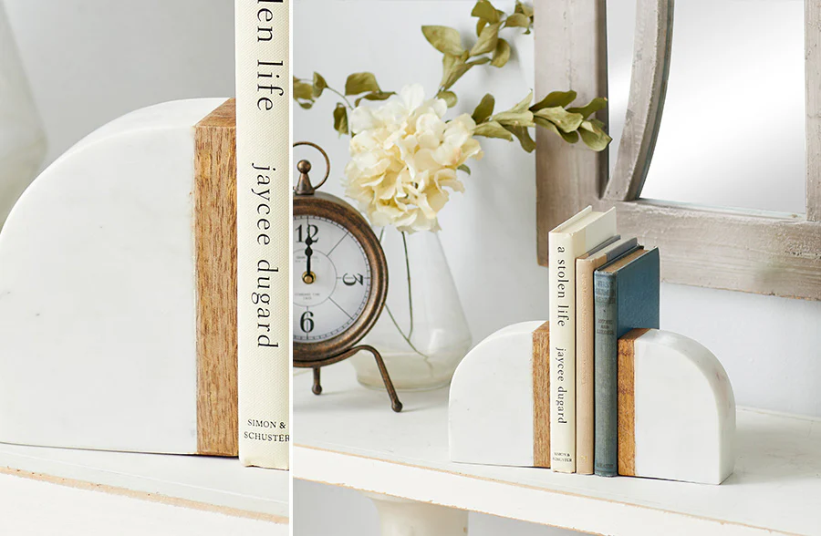 Rounded Marble and Wood Bookends, Set of 2