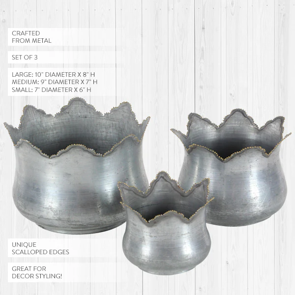 Scalloped Edge Galvanized Planters, Set of 3