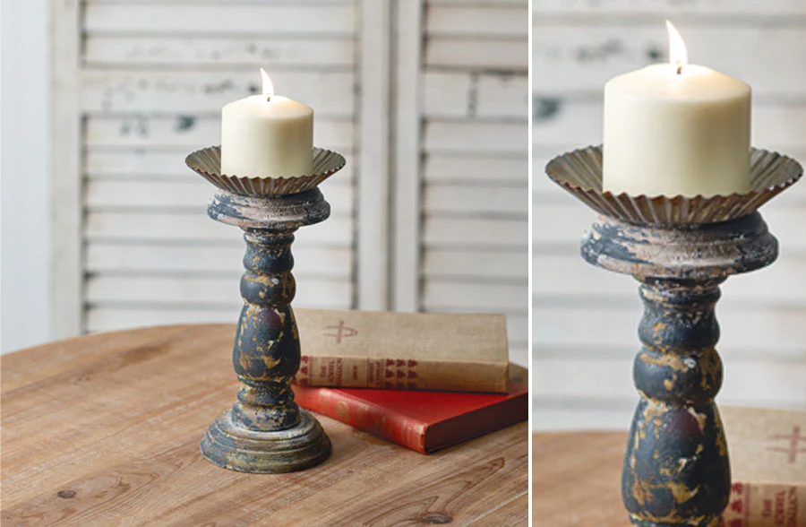 Distressed Scalloped Metal Candle Stands, Set of 2