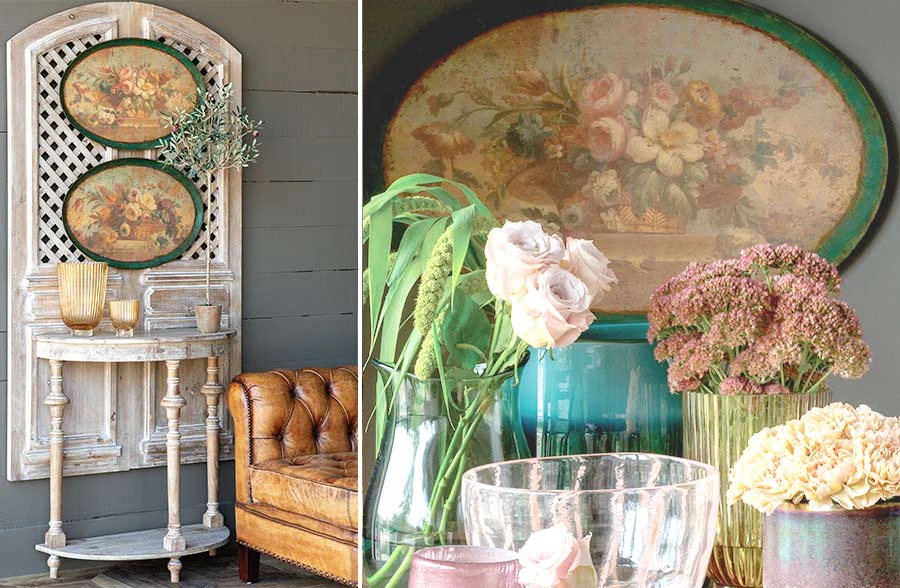 *HUGE* Distressed Oval Vintage Floral Prints, Set of 2