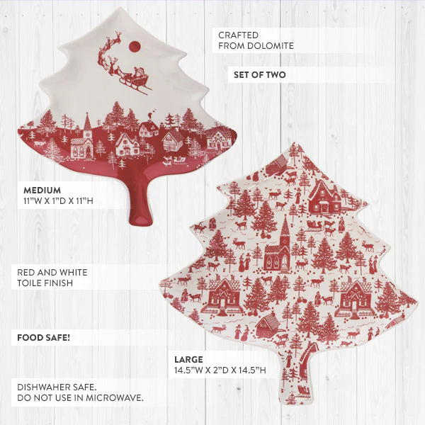Tree Shaped Toile Christmas Plates, Set of 2