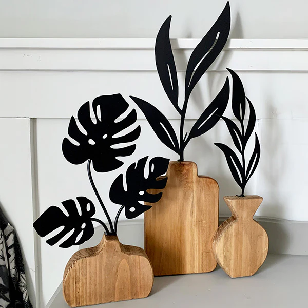 Wood and Metal Plant Sculptures, Set of 2