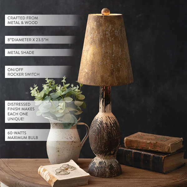 Distressed Wooden Lamp with Copper Shade