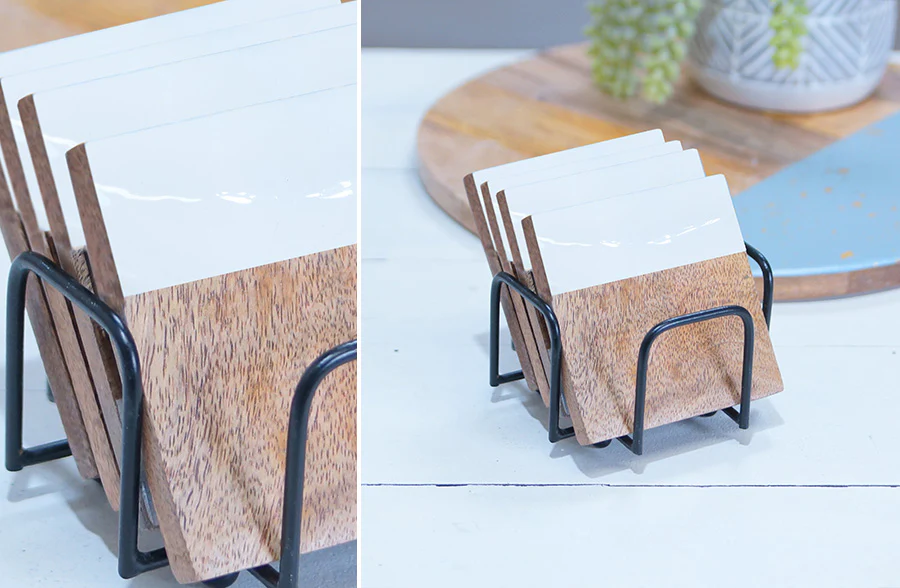 Two-Toned Mango Wood Coasters with Holder, Set of 4