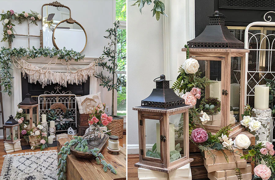 Natural Wood and Iron Floor Lanterns, Set of 2