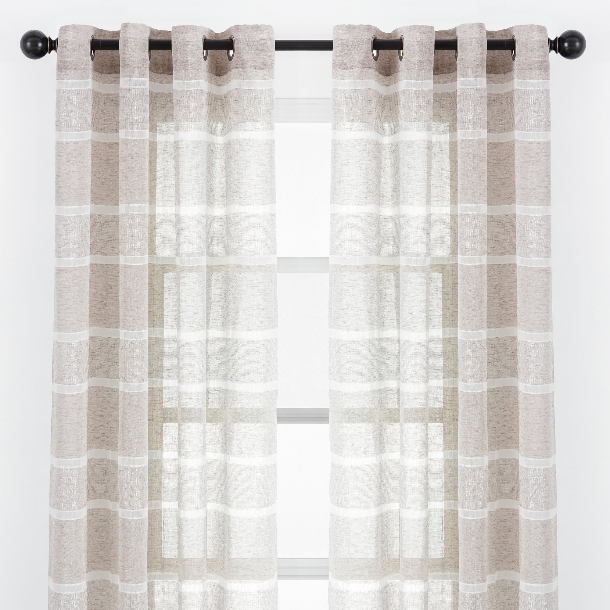 Shimmer Stripe Faux Linen Sheer Grommet Curtains