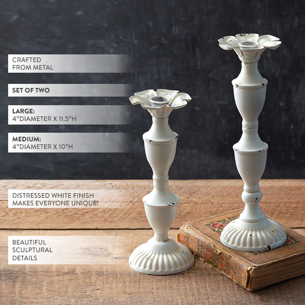 Chippy White Metal Candlesticks, Set of 2