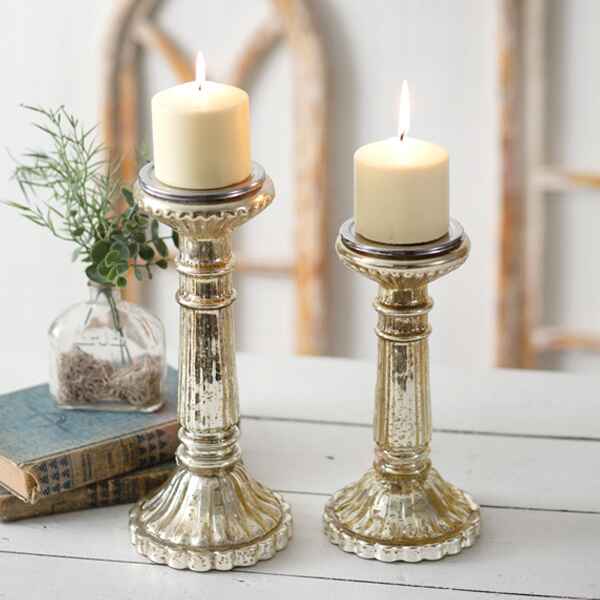 Scalloped Glass Pillar Candle Holders, Set of 2