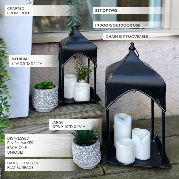 Distressed Black Iron Hanging Lanterns, Set of 2