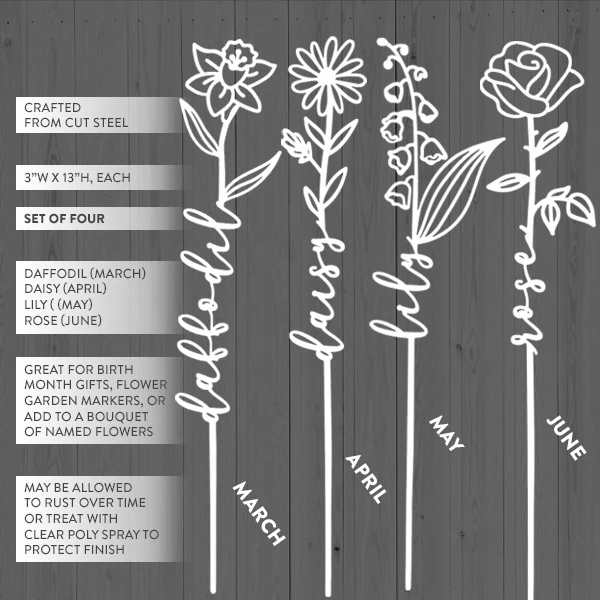 Raw Steel Birth Month Spring Flower Bouquet Markers, Set of 4