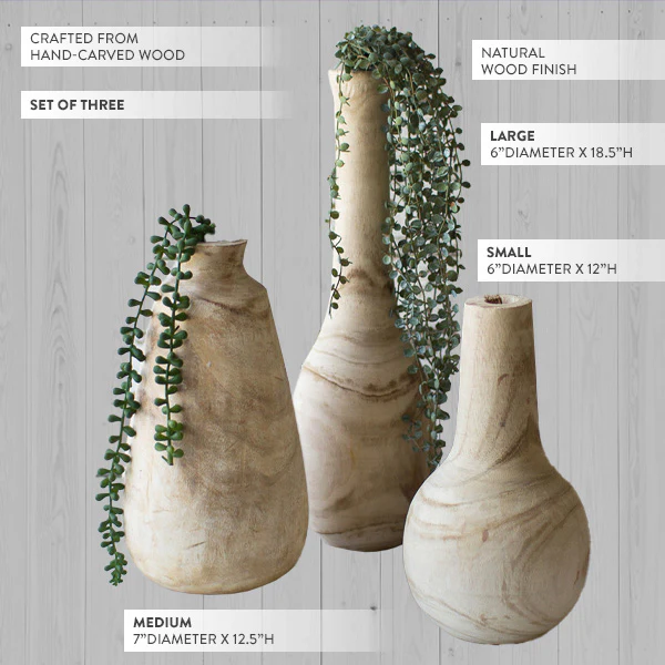 Hand Carved Tall Wooden Vases, Set of 3