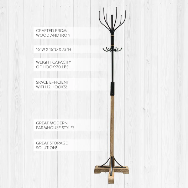 Refined Classic | Natural Wood and Forged Metal Coat Rack