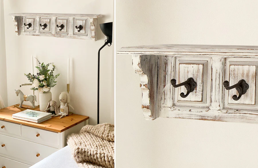 Distressed Whitewashed Wooden Shelf With Hooks
