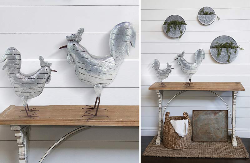 Galvanized Metal Pecking Roosters  Set Of 2