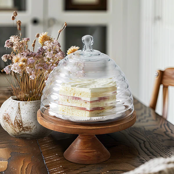 Modern Honey Hive Glass Cloche with Mango Wood Stand