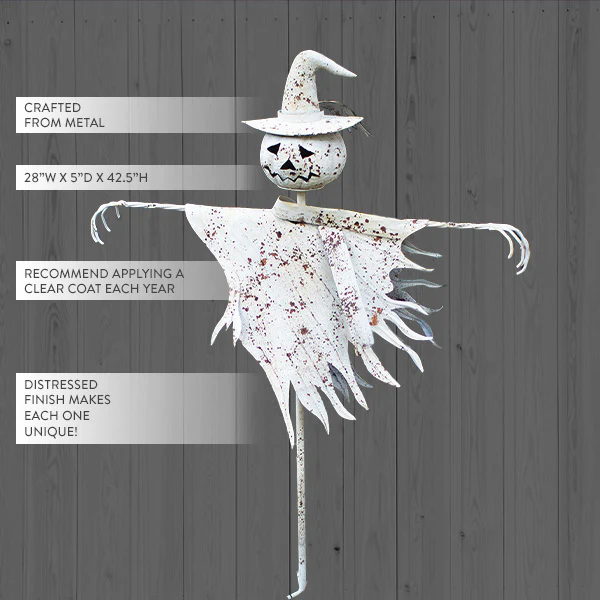 Rustic White Metal Scarecrow Yard Stake