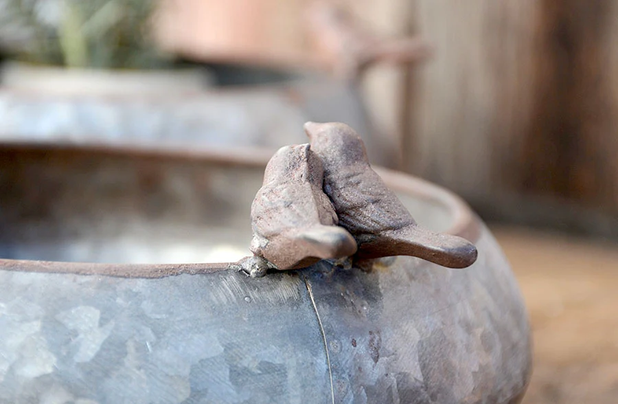 Galvanized Metal Nesting Bowls with Bird Accents, Set of 2