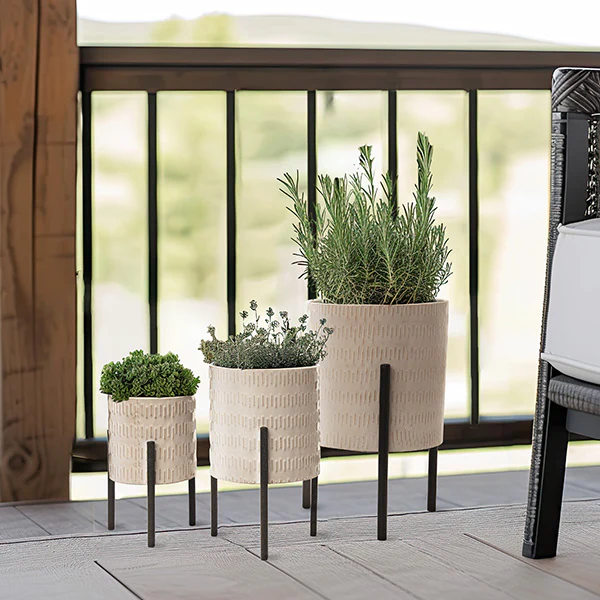Textured Metal Planters with Stands, Set of 3