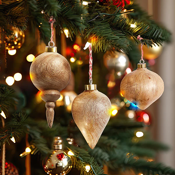 Turned Wood Christmas Ornaments, Set of 3