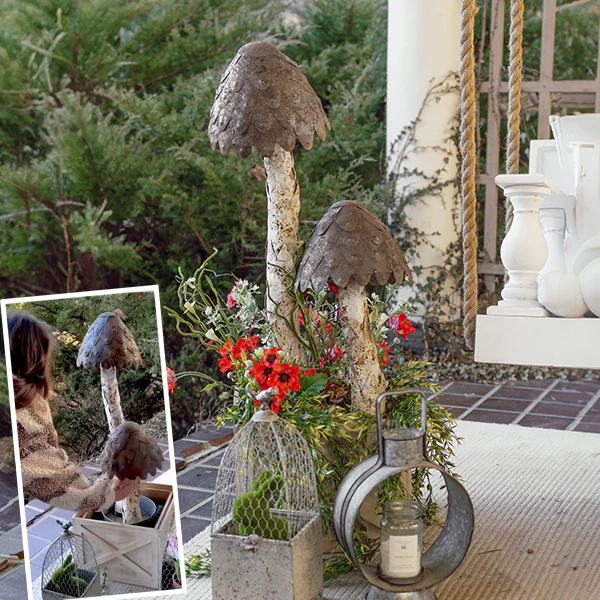 37 Inch Gigantic Distressed Metal Mushroom Yard Stakes, Set of 2
