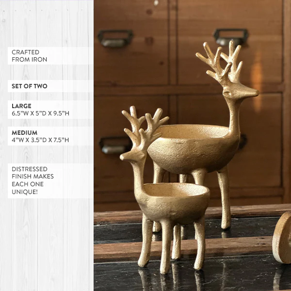 Gold Metal Reindeer Figurine Bowl, Set of 2