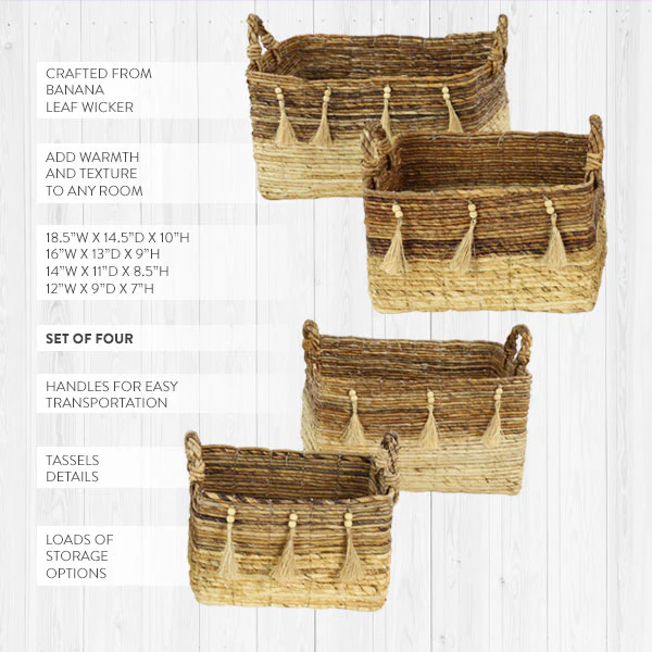 Woven Banana Leaf Baskets with Tassels, Set of 4