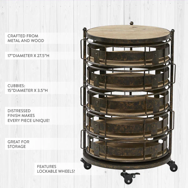 Rustic Rolling Side Table with Swiveling Cubbies