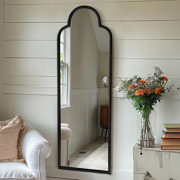 Antique Inspired Black Iron Mirror with Arched Top