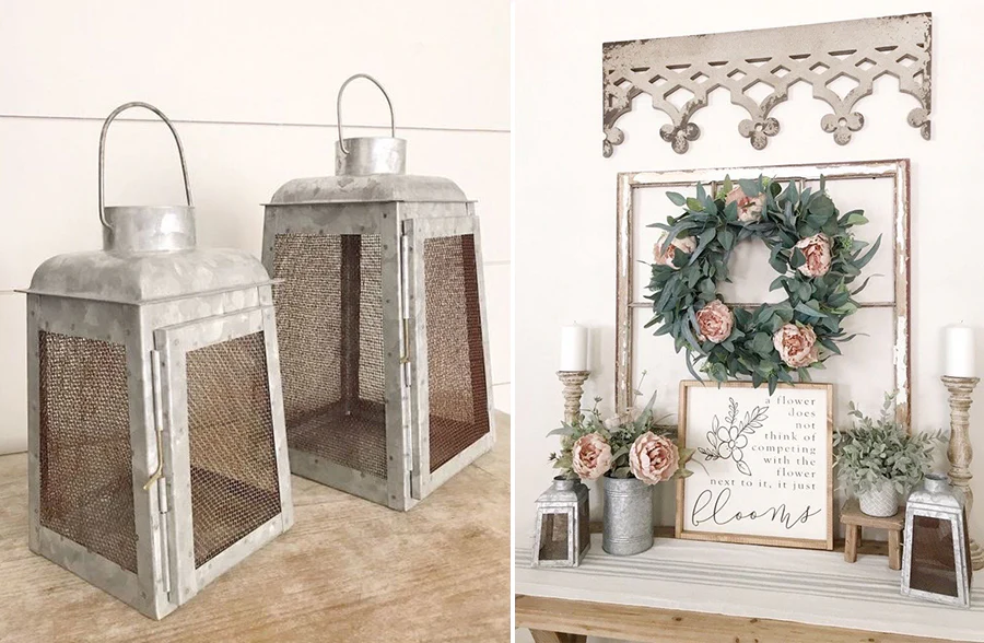 Galvanized Metal Framed Lanterns, Set of 2