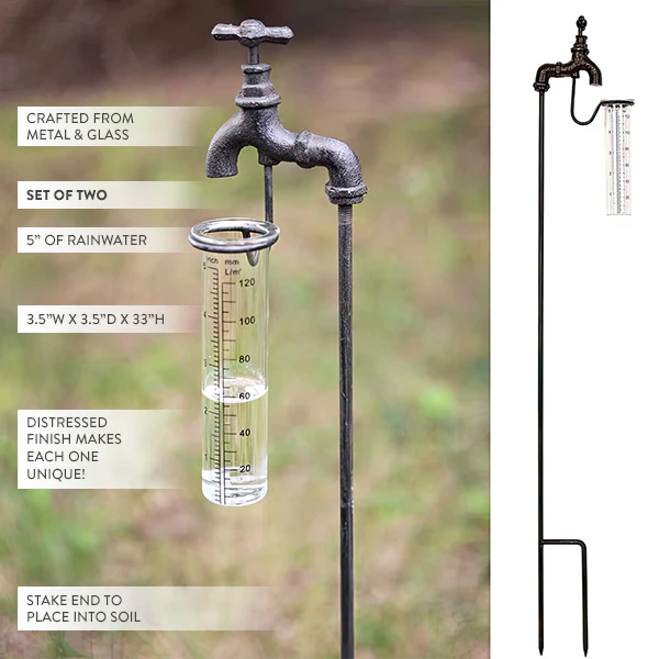 Vintage-Inspired Yard Stake Rain Gauge, Set of Two