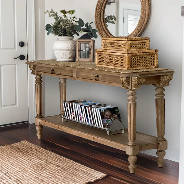 55 Inch Hand Carved Wood Console Table with Drawers