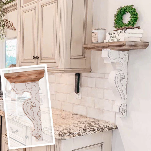 Distressed White and Natural Wood Corbel Style Wall Shelf