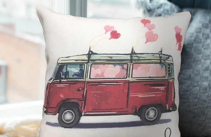 Double Sided Feedsack Love Bus Pillow Cover